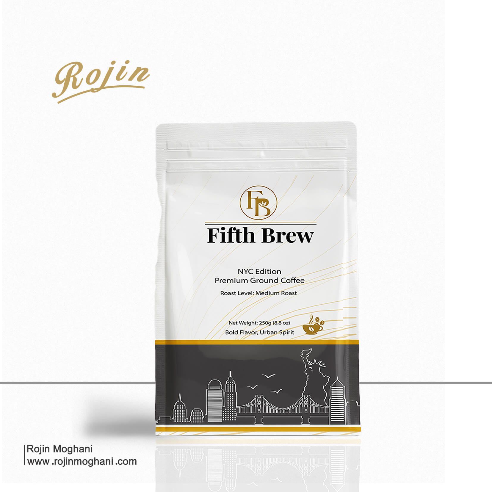 Coffee packaging design for Fifth Brew brand – front view of the box with minimalist brown tones