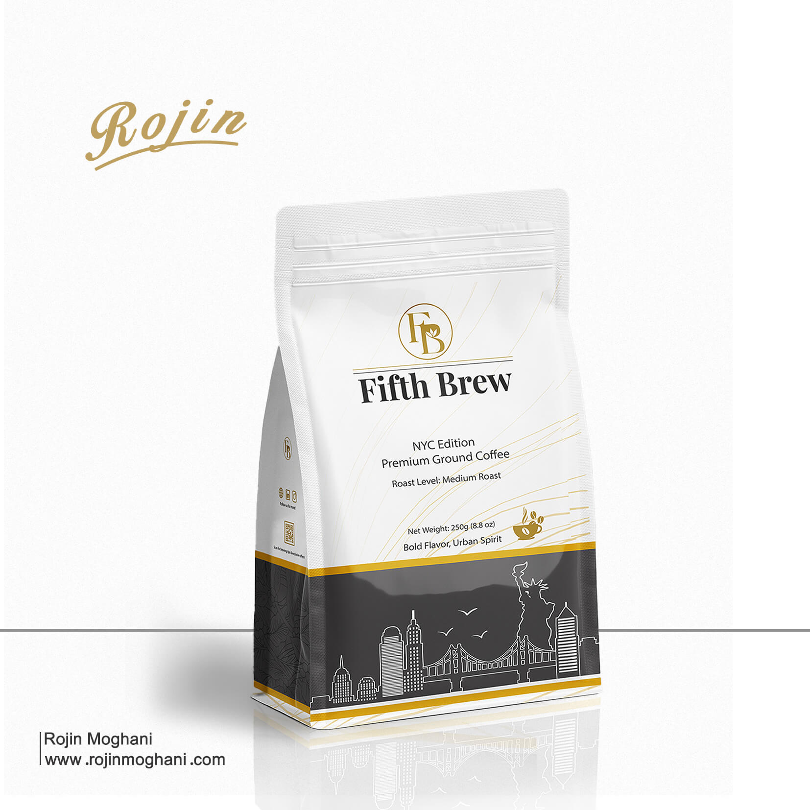 Coffee packaging design for Fifth Brew brand – side view of the box with minimalist brown tones