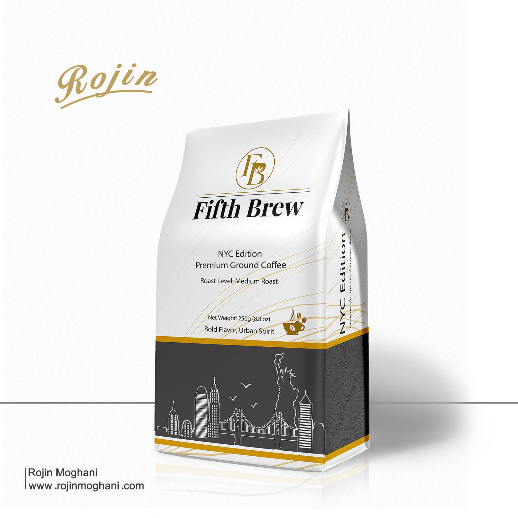 Coffee packaging design for Fifth Brew brand – rigth side view of the box with minimalist brown tones