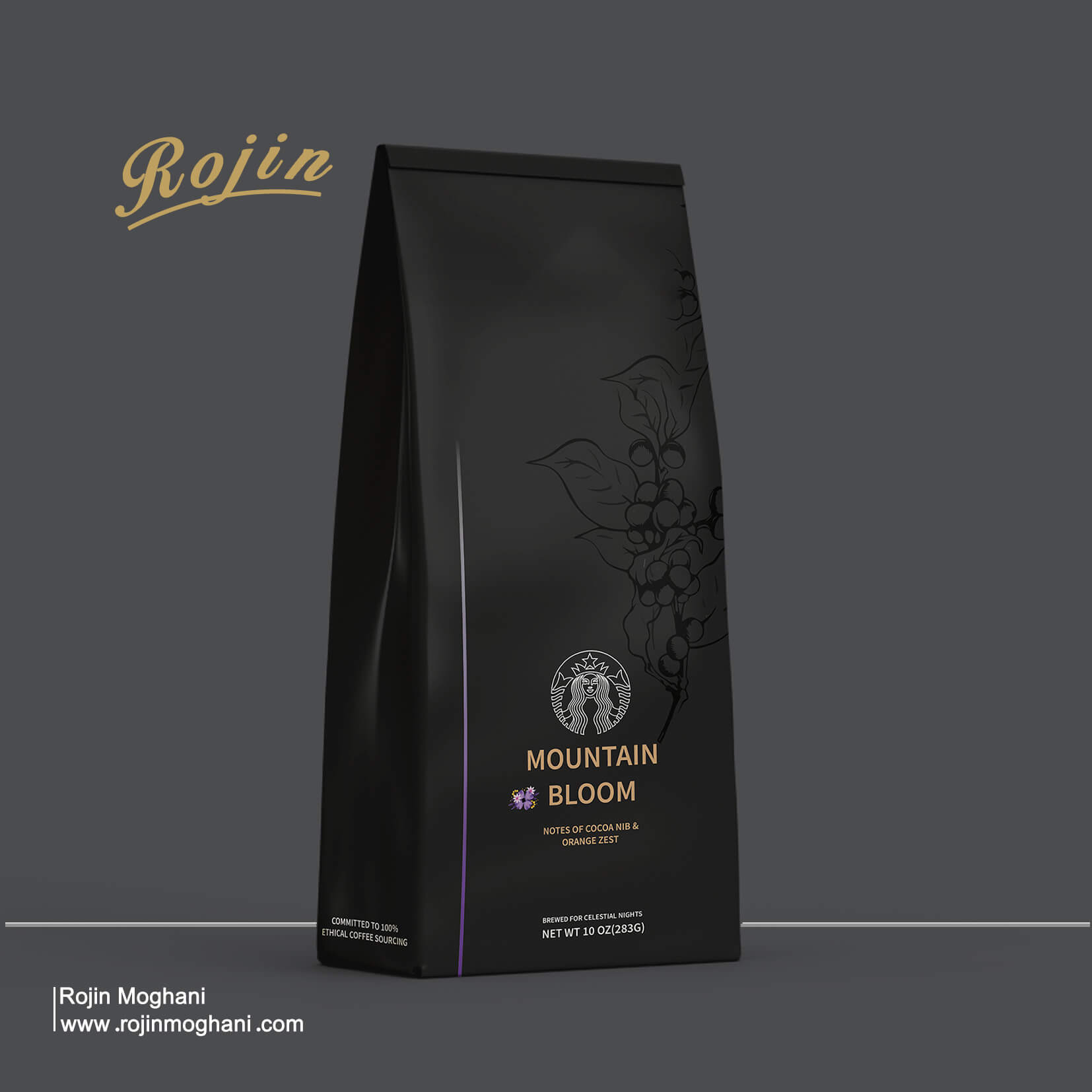 Coffee packaging design for Mountain Bloom brand – front view of the box with minimalist black tones
