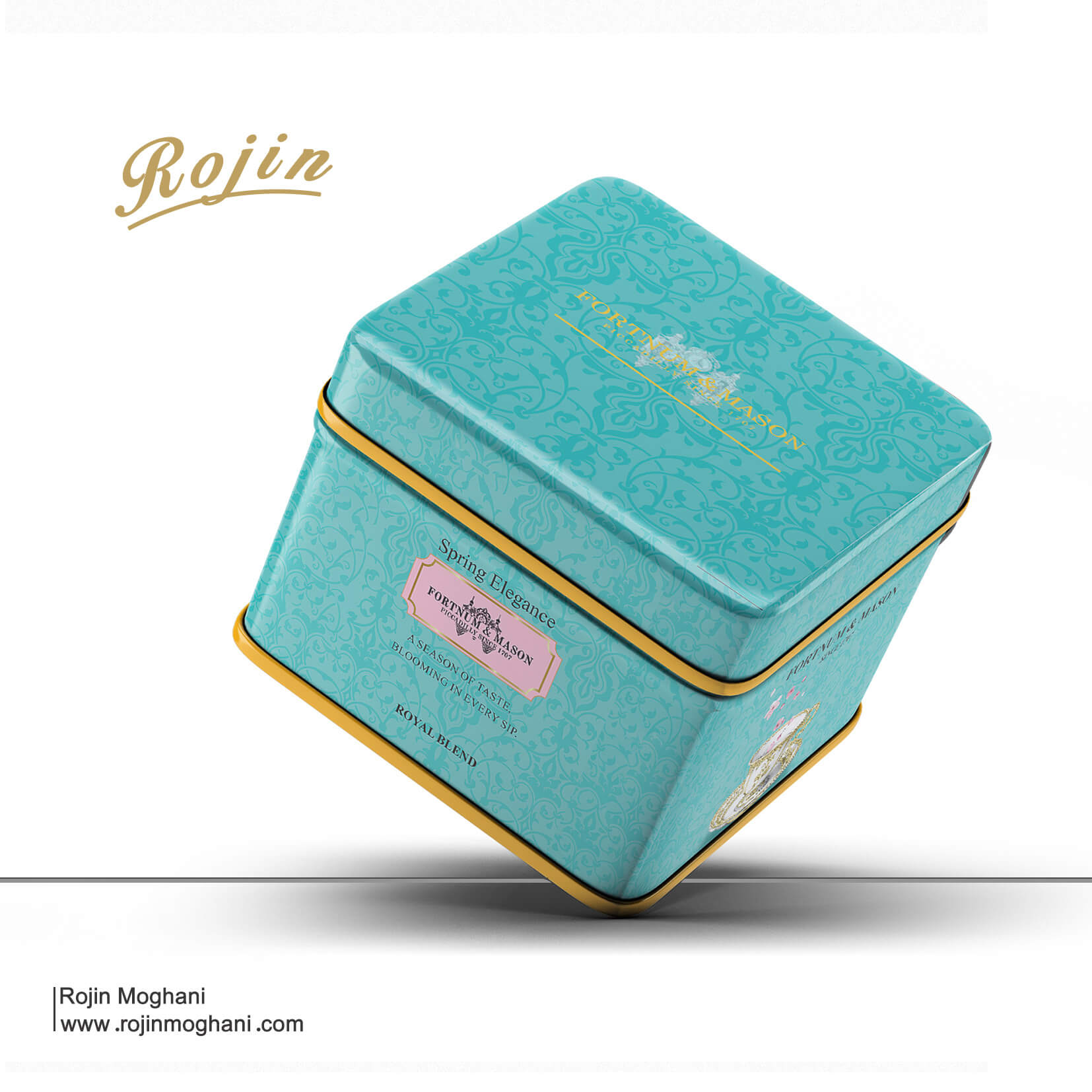 Tea packaging design for Fortnum Mason brand – up view of the box with minimalist green tones