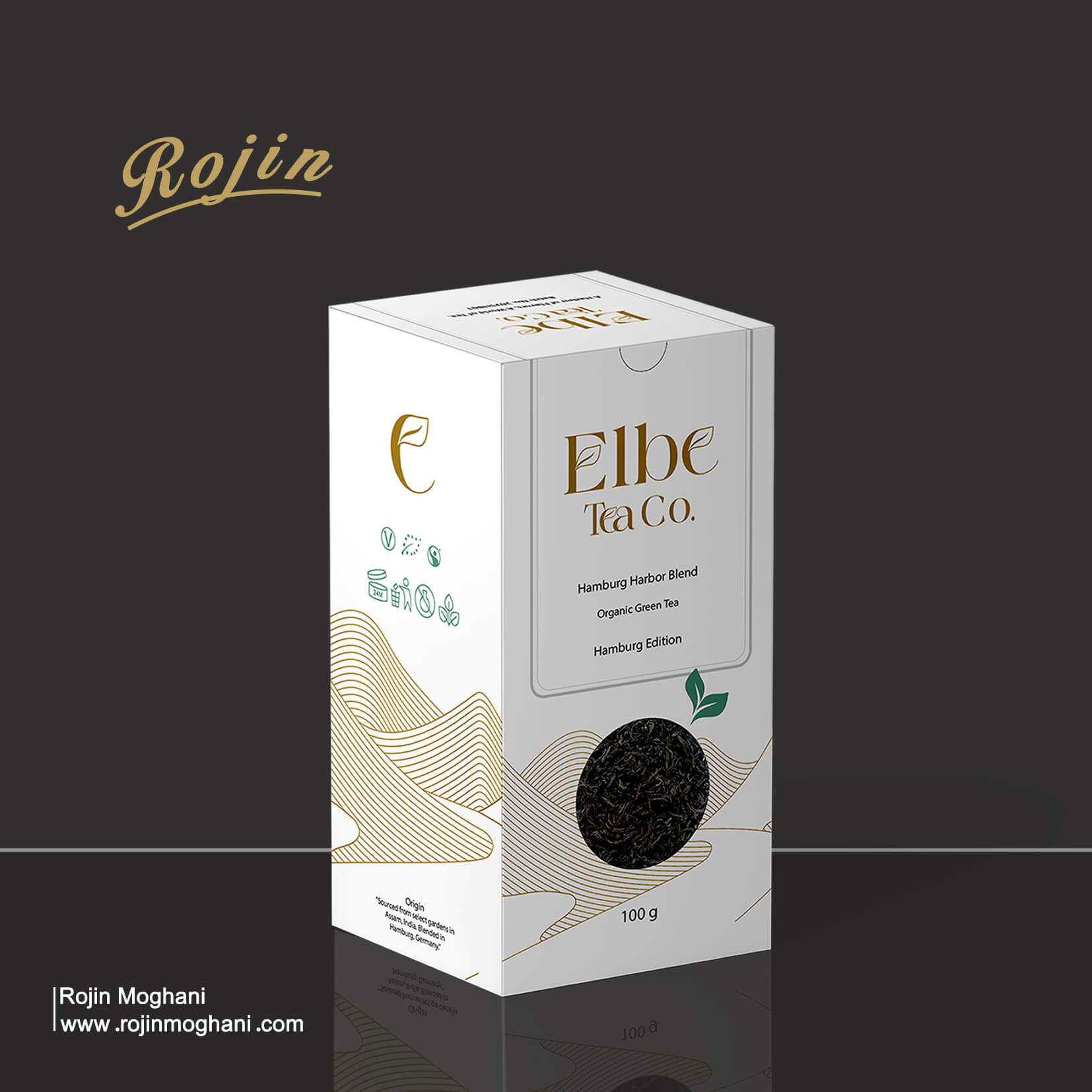Tea packaging design for Elbe TEA Co. brand – left side view of the box with minimalist brown tones