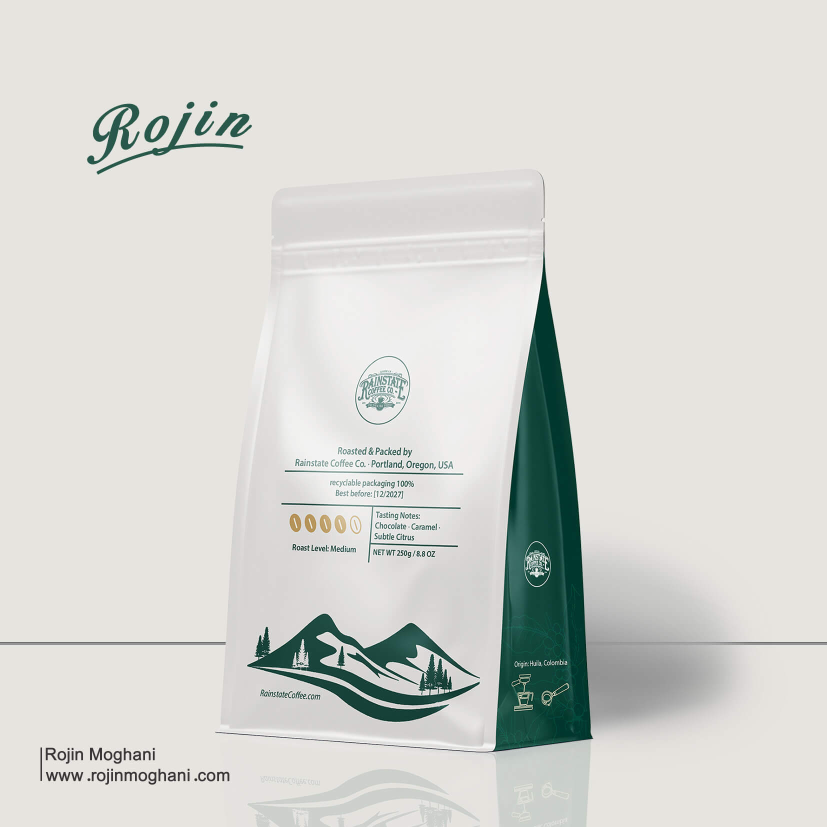 Coffee packaging design for Rainstate Coffee brand – back view of the box with minimalist brown tones