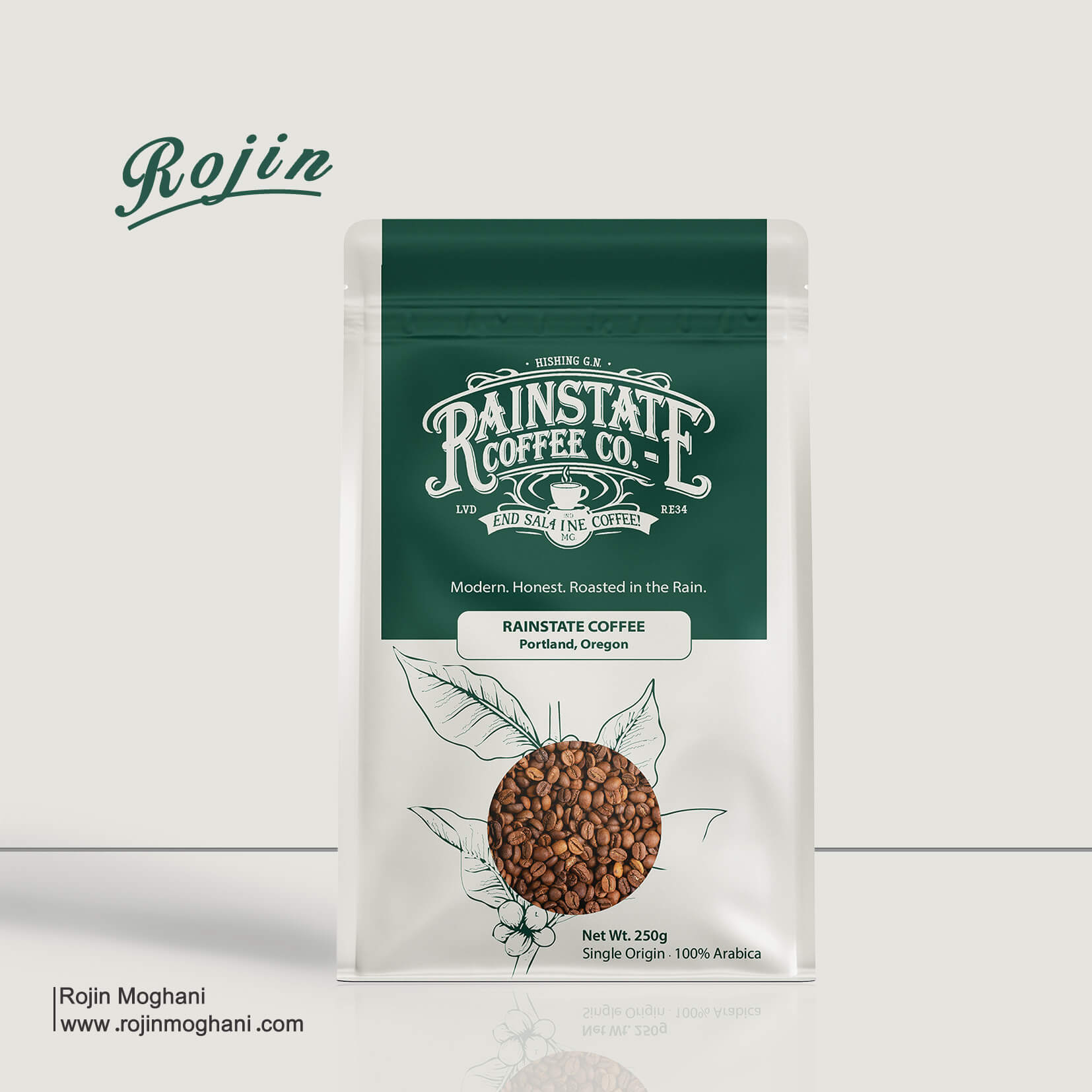 Coffee packaging design for Rainstate Coffee brand – front view of the box with minimalist brown tones