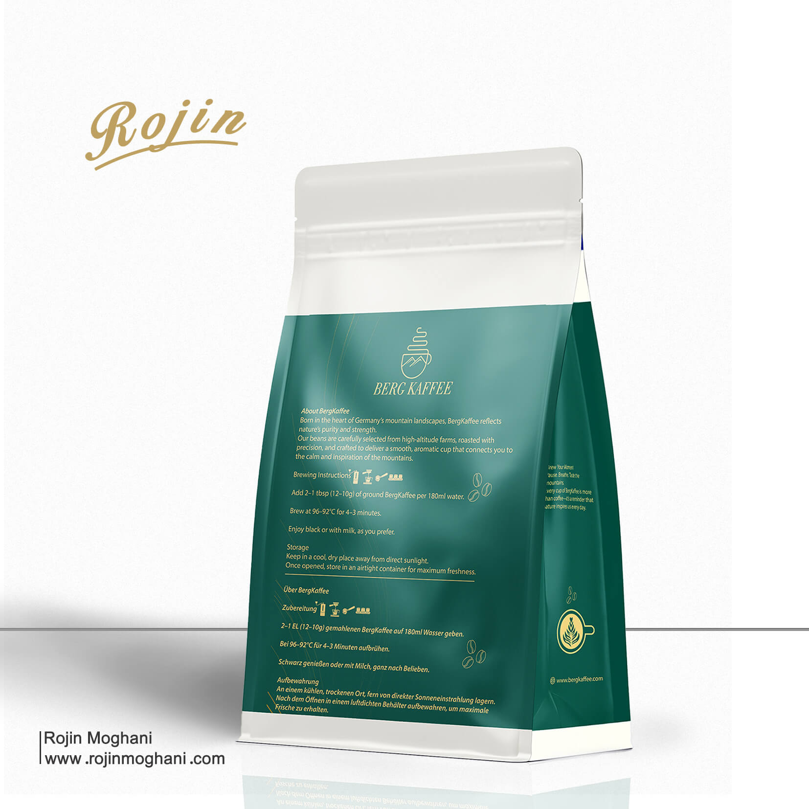 Coffee packaging design for Berg Kaffee Coffee brand – back side view of the box with minimalist green tones