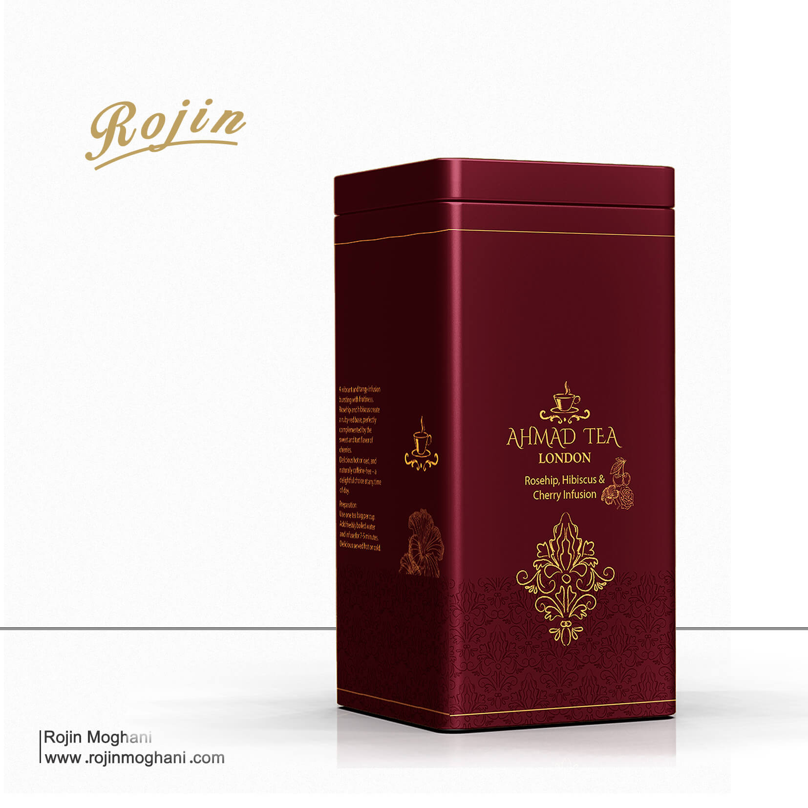 Tea packaging design for the Ahmad brand – front closeup view of the box with minimalist red tones