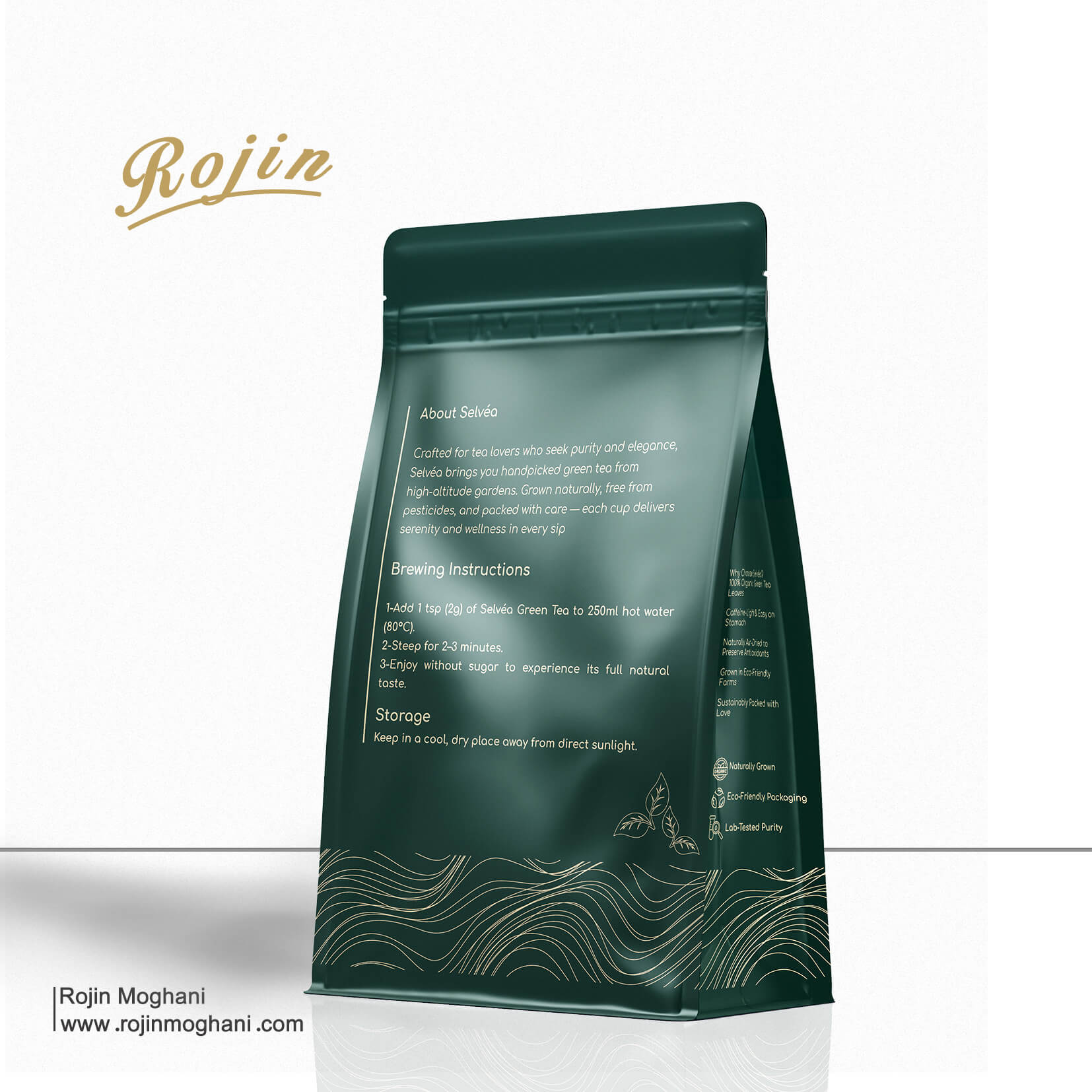 Tea packaging design for Selvea brand – back view of the box with minimalist green tones