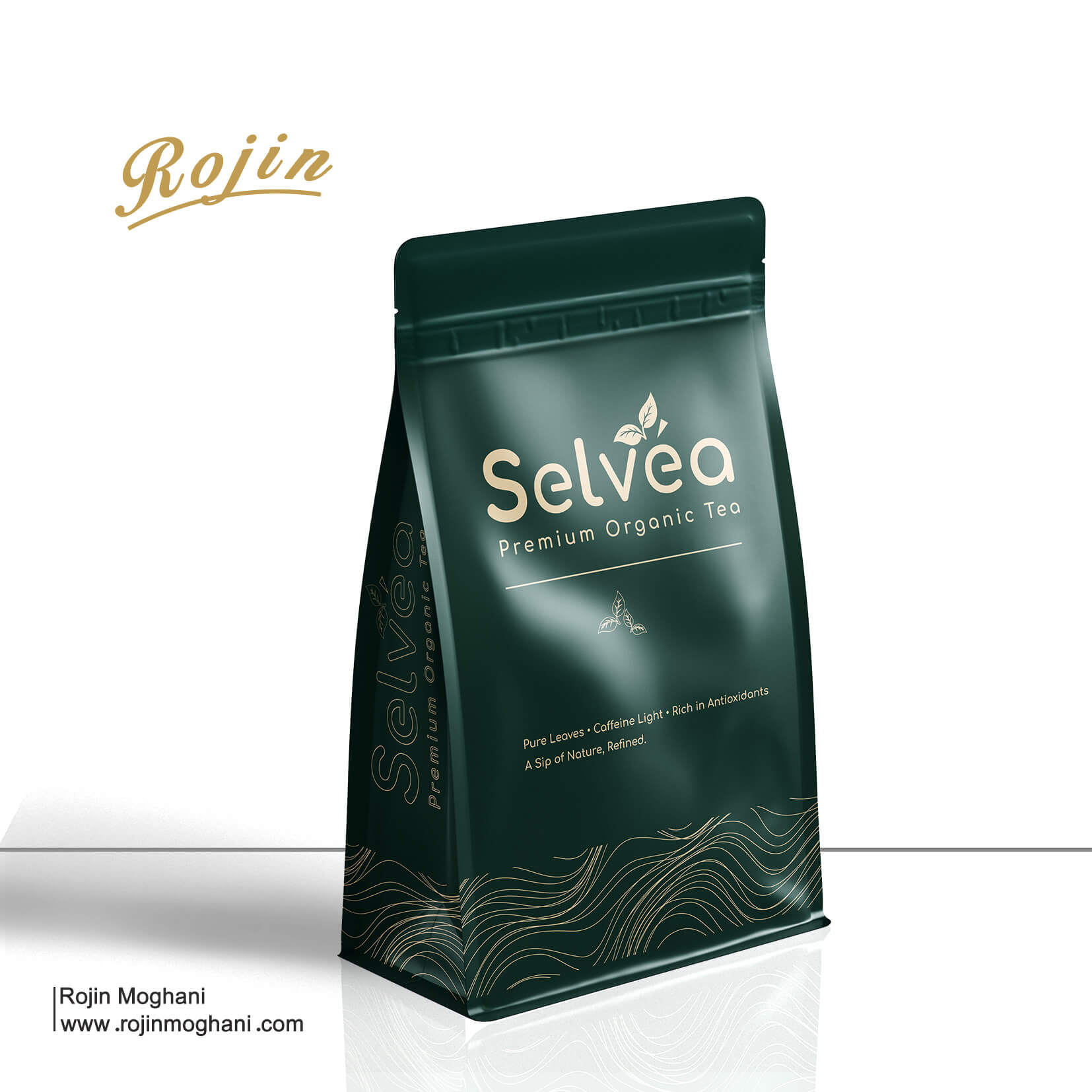 Tea packaging design for Selvea brand – side view of the box with minimalist brown tones