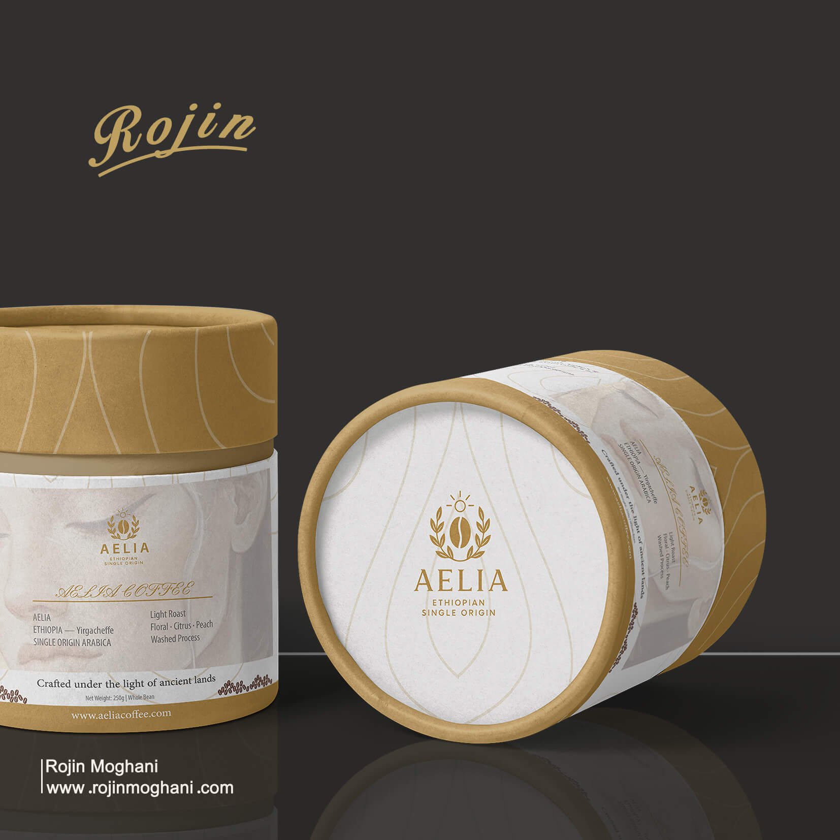 Coffee packaging design for Aelia brand – down view of the box with minimalist craft tones, kraft