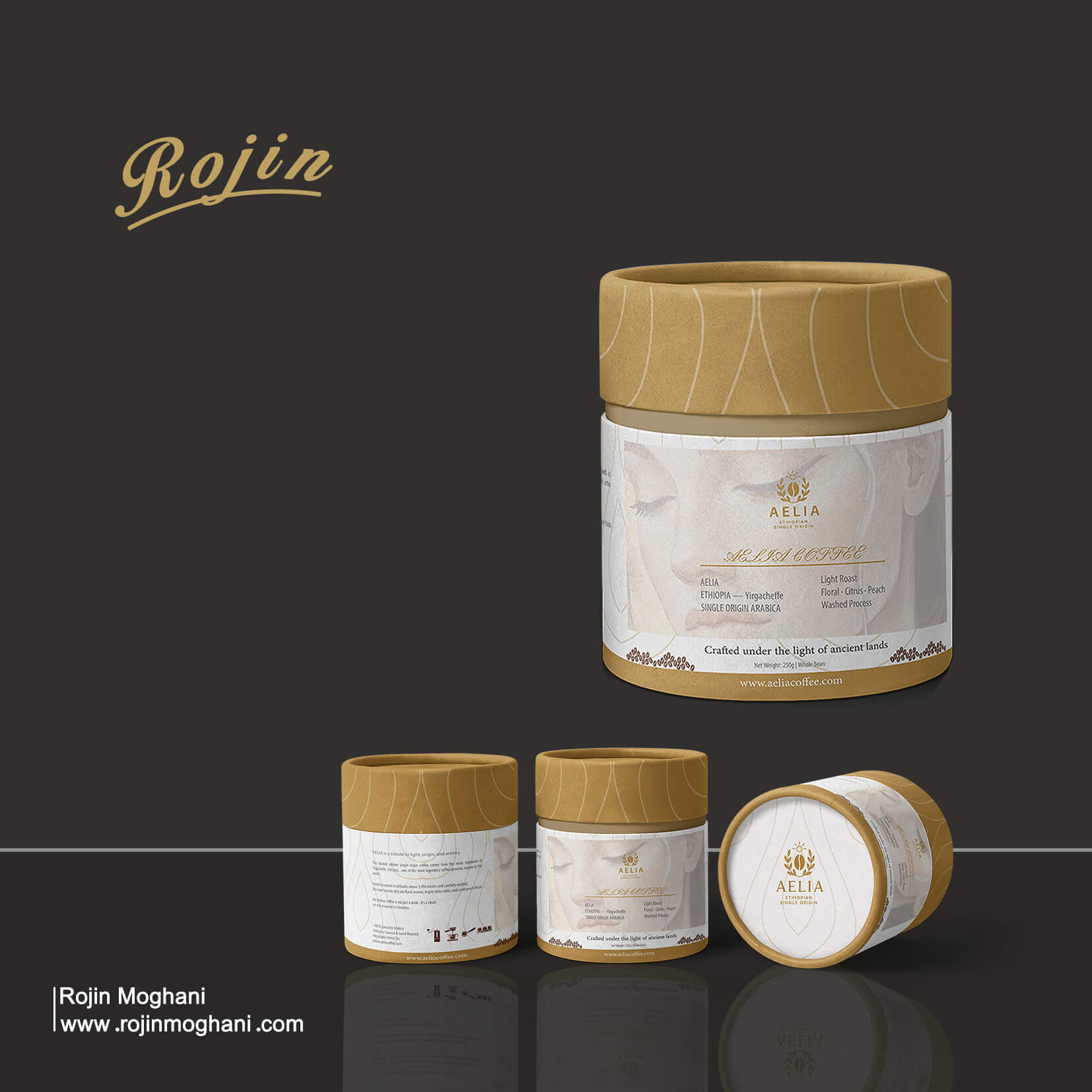Coffee packaging design for Aelia brand – 3 front view of the box with minimalist craft tones, kraft