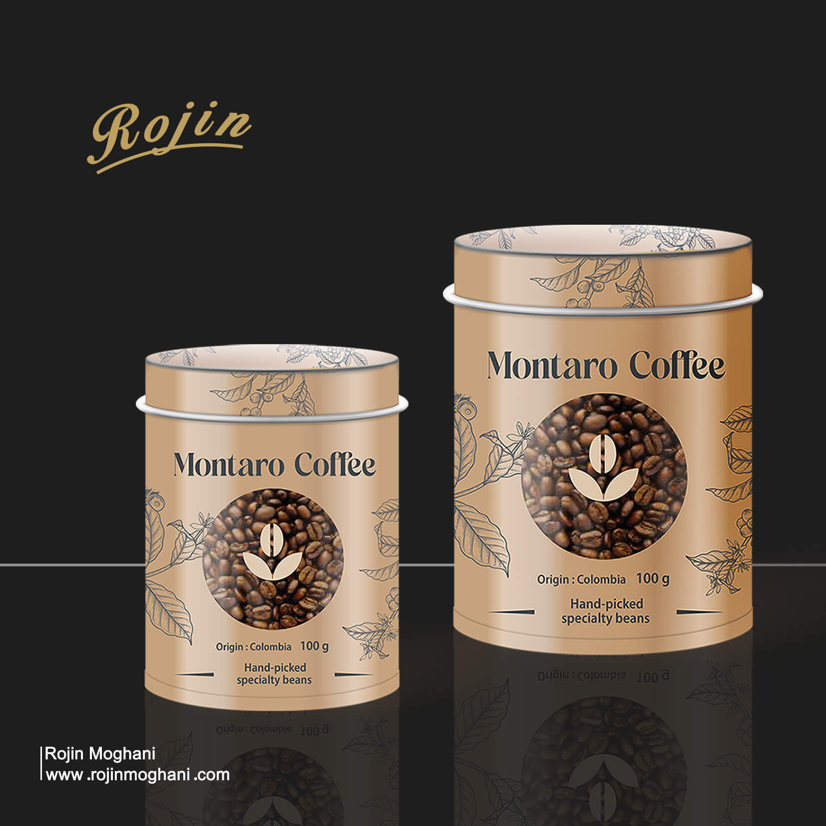 Coffee packaging design for the Montaro coffee brand – front view of the box with minimalist gold tones